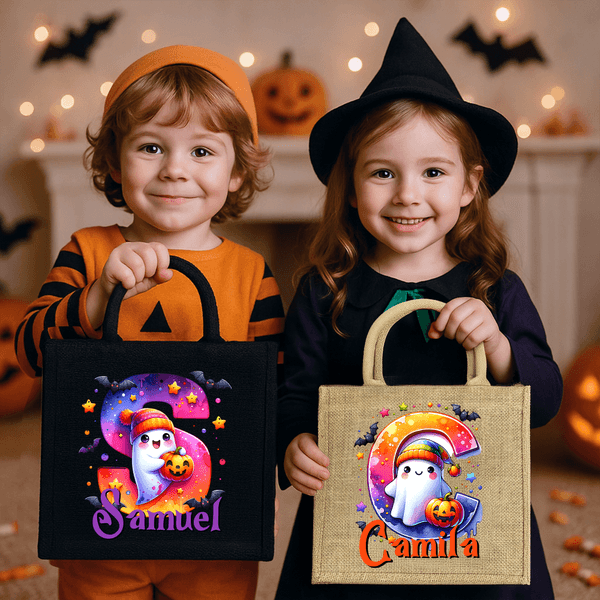 Borsa Tote personalizzata con nome e iniziali per bambini e bambine, con zucca fantasma di grande capacità.