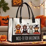 Personalized Halloween Costume Highland Cow Large Canvas Tote Bag with Name Daily Use Halloween Party Gift for Family Friend