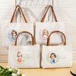 Personalized Birth Flower Cartoon Character Canvas Tote Bag with Name and PU Leather Handle Travel Essentials Birthday Anniversary Gift for Women
