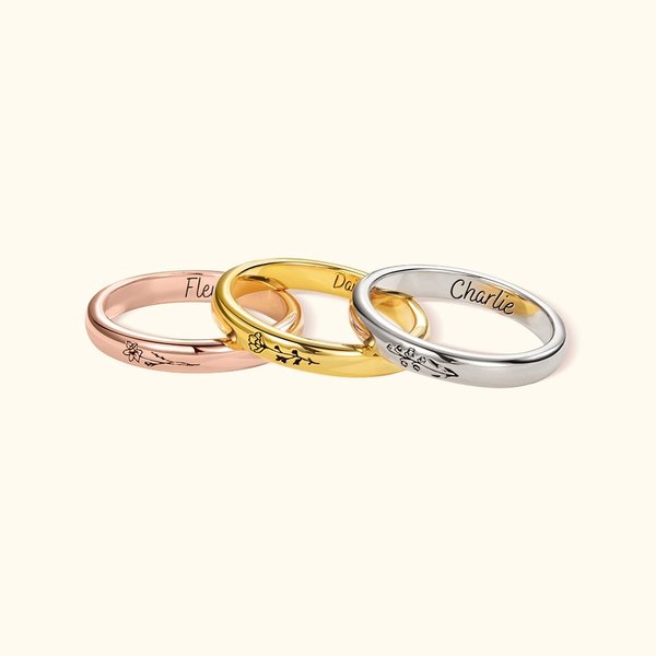Gepersonaliseerde Gegraveerde Geboortebloem Dunne Ring met Naam Minimalistische Sieraden Verjaardag Moederdagcadeau voor Haar