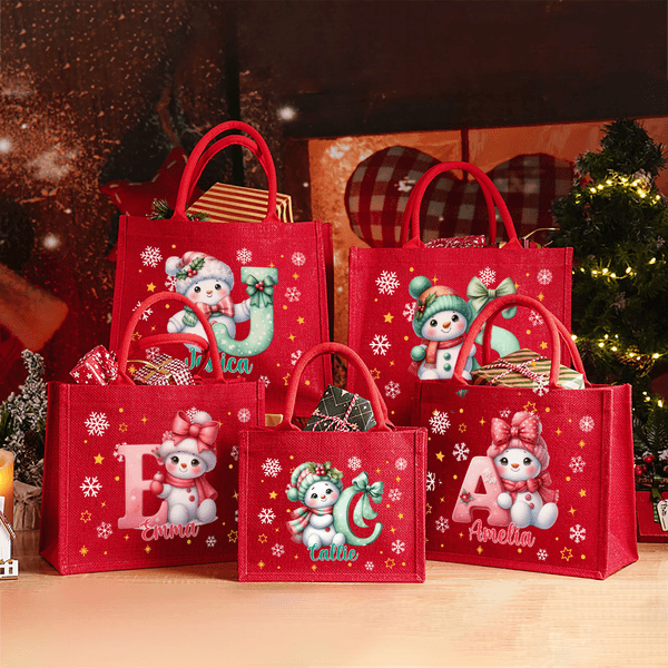 Personalised Cute Cartoon Snowman Large Jute Tote Bag with Name and Initial Party Favors Christmas Gift for Kids Family Friends