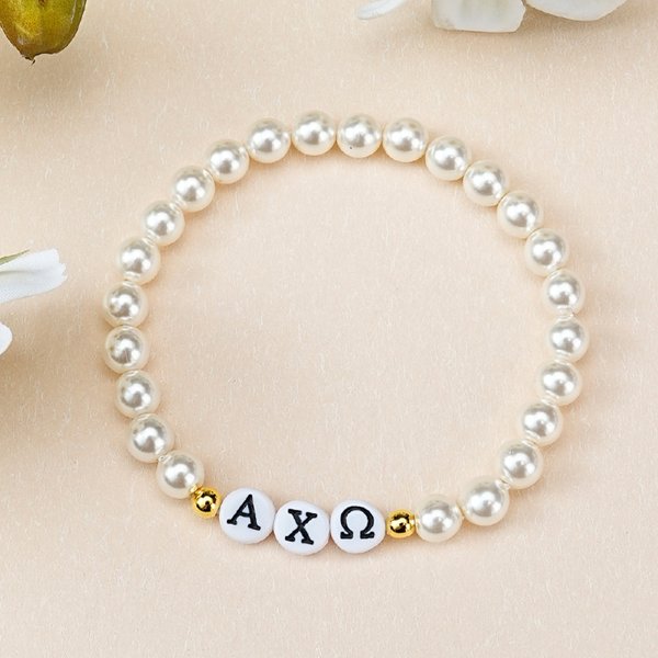 Personalized Greek Letter Pearl Beaded Elastic Stretch Bracelet Dainty Jewelry Bid Day Sorority Gift for Women Girls | Callie × Affinity Licensing