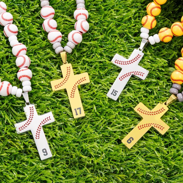 Personalized Baseball Softball Cross Beaded Necklace with Number Team Spirit Wear Game Day Birthday Gift for Kids Sports Fan