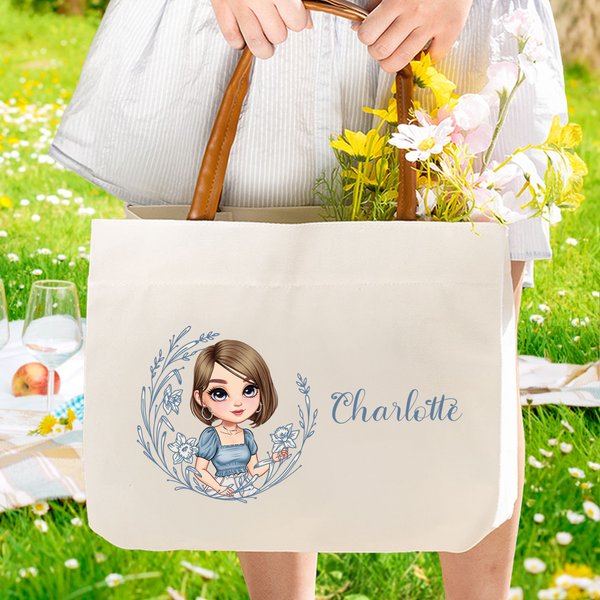 Personalised Birth Flower Cartoon Character Canvas Tote Bag with Name and PU Leather Handle Travel Essentials Birthday Anniversary Gift for Women
