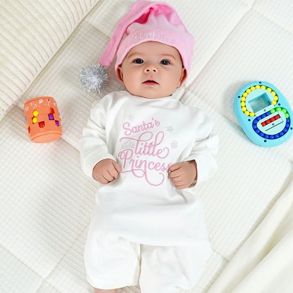 Personalised Santa's Little Princess 100% Cotton Romper Hat Set with Embroidered Name Baby Shower Christmas Gift for Baby Girls
