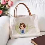 Personalized Birth Flower Cartoon Character Canvas Tote Bag with Name and PU Leather Handle Travel Essentials Birthday Anniversary Gift for Women