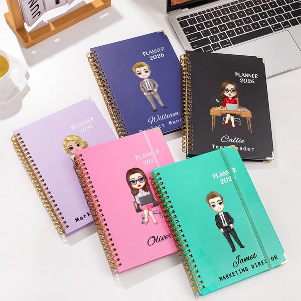 Planificateur personnalisé 2026 Nom et titre A5 avec pages de planning hebdomadaire Cadeau d'anniversaire de travail pour les employés de bureau