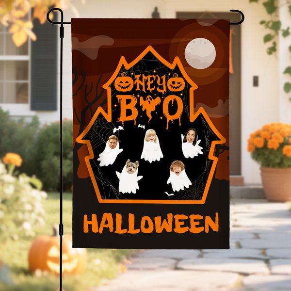 Henkilökohtainen sarjakuva Ghost Castle Garden Flag 1-6 kasvot valokuvat Piha Garden Decor Spooky Season Halloween lahja perheelle