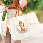 Personalized Birth Flower Cartoon Character Canvas Tote Bag with Name and PU Leather Handle Travel Essentials Birthday Anniversary Gift for Women