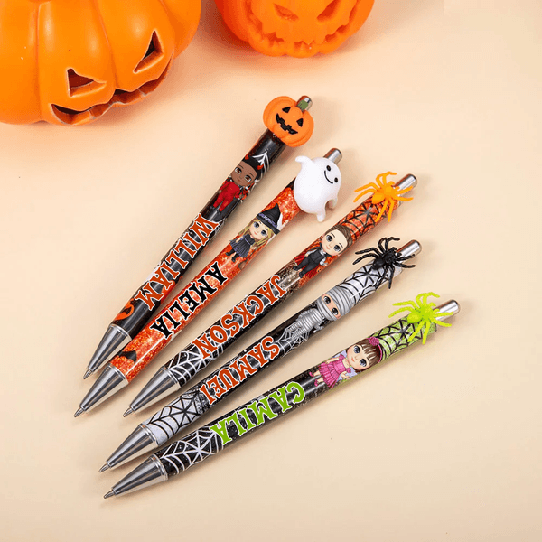 Penna a sfera personalizzata con nome per bambini, personaggio dei cartoni animati di Halloween e fantasma della zucca.