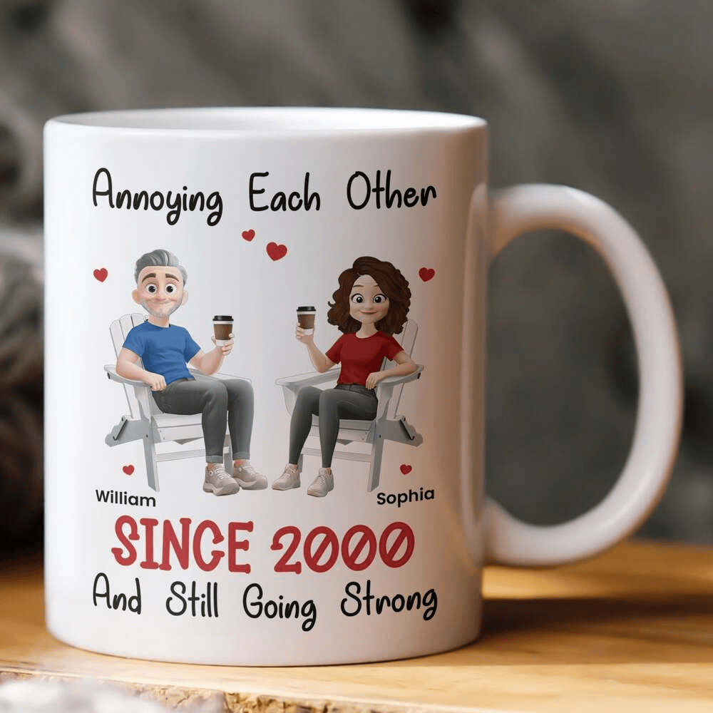Personalized Name Cartoon Couple Character Mug/Tumbler Cup, Annoying Each Other Since Keepsake, Funny Anniversary/Valentine's Day Gift for Him & Her