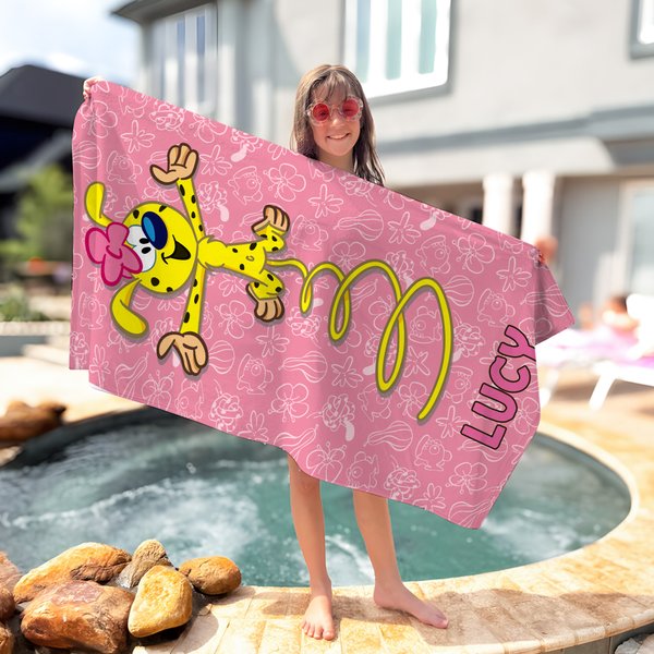 Spersonalizowany ręcznik plażowy Marsupilami z długim ogonem i imieniem Letni niezbędnik Prezent urodzinowy dla przyjaciela Rodzina | Callie × Marsupilami®