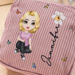 Borsa portaoggetti in velluto a coste personalizzata con nome personaggio e fiore regalo pratico per donne