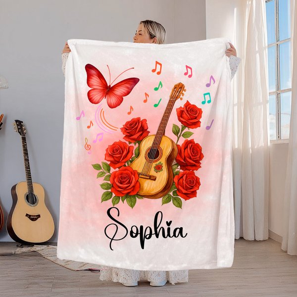 Personlig gitarr födelse blomma fjäril mjuk pläd filt med namn rumsinredning födelsedag jubileumsgåva för gitarr entusiaster