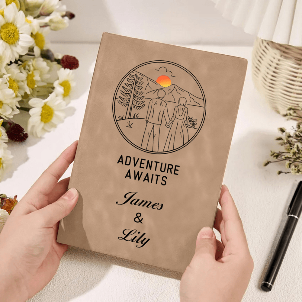Custom Cartoon Character Adventure Awaits Notebook with Name, A5/A6 Leather Journal for School/Office, Anniversary/Valentine's Day Gift for Couple