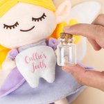 Personalised Cute Tooth Fairy Plush Doll Hanging Pillow with Name and Pocket Glass Bottle Bedroom Decoration Tooth Loss Souvenir Gift for Kids