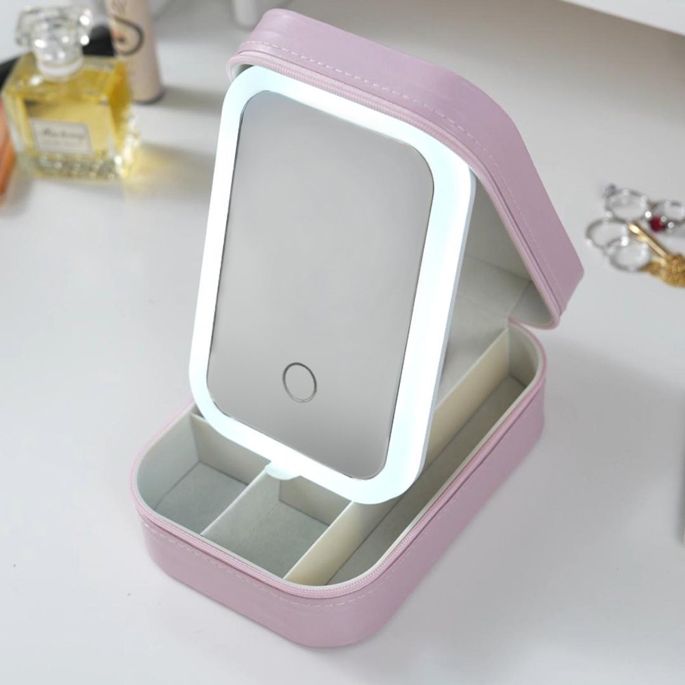 Personalized Birth Flower Portable Leather Travel Jewelry Box with Name and LED Three-color Adjustable Makeup Mirror Birthday Gift for Women 3