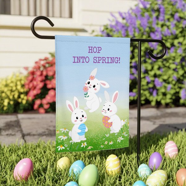 Spersonalizowana flaga ogrodowa Daisy Meadow Sky Cute Whimsical Dancing Bunnies z tekstem Wiosenny wystrój na zewnątrz Wielkanocny prezent dla rodziny, przyjaciela i miłośników ogrodów
