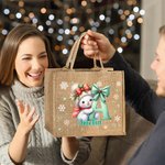 Personalizado de dibujos animados de Santa sombrero muñeco de nieve arco inicial bolsa de yute con el nombre de cumpleaños de Navidad de regalo para la familia amigos
