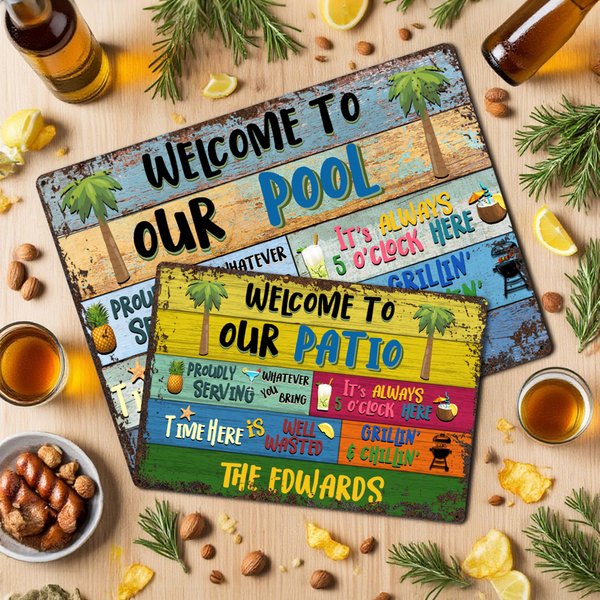 Personalised Distressed Retro Welcome to Our Party Metal Sign with Name and Place Wall Art Home Decor Summer Party Housewarming Gift for Family