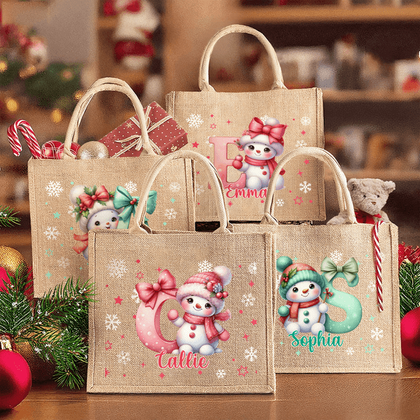 Personalizado de dibujos animados de Santa sombrero muñeco de nieve arco inicial bolsa de yute con el nombre de cumpleaños de Navidad de regalo para la familia amigos