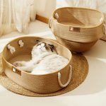 Personalised Cute Pet Photo Cotton Linen Pet Bed Basket with Handle and Name Medium Large Cat Daily Use Birthday Adoption Day Gift for Pet Owners