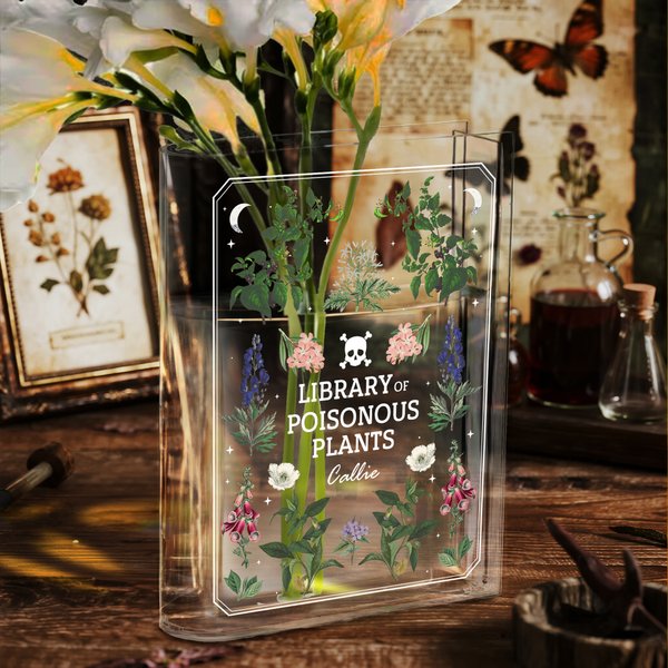 Personalized Herb Skull Clear Acrylic Book Vase with Name Bookshelf Room Decor Halloween Party Gift for Friends Book Lovers
