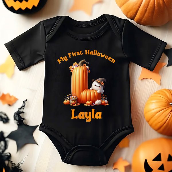 Personlig Söt Pumpa Initial Min Första Halloween 100% Bomull Barn T-shirt Baby Bodysuit med Namn Halloween Kostym Festgåva för Baby Barn