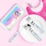 Set di posate personalizzate con nome e iniziali design dell'unicorno forchetta cucchiaio e coltello regalo di compleanno per bambini