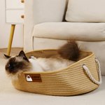 Personalised Cute Pet Photo Cotton Linen Pet Bed Basket with Handle and Name Medium Large Cat Daily Use Birthday Adoption Day Gift for Pet Owners