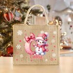 Personalizado de dibujos animados de Santa sombrero muñeco de nieve arco inicial bolsa de yute con el nombre de cumpleaños de Navidad de regalo para la familia amigos