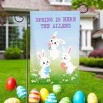 Spersonalizowana flaga ogrodowa Daisy Meadow Sky Cute Whimsical Dancing Bunnies z tekstem Wiosenny wystrój na zewnątrz Wielkanocny prezent dla rodziny, przyjaciela i miłośników ogrodów