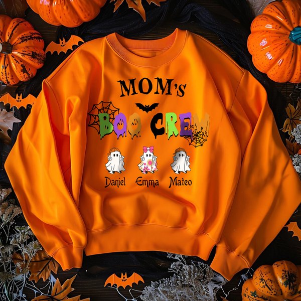 Personalised Mom's Boo Crew 1-8 Cute Ghosts Multicolour T-shirt Sweatshirt Hoodie with Name Halloween Gift for Family Friends