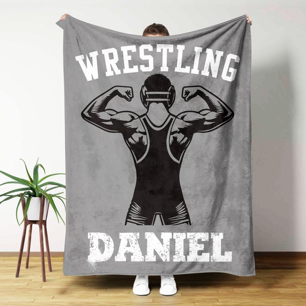Personalized Multicolor Wrestling Silhouettes Soft Throw Blanket with Name and Text Home Decor Game Birthday Anniversary Gift for Wrestling Lover