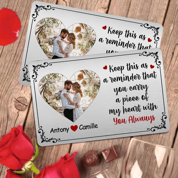 Personalised Keep This As A Reminder Puzzle Style Heart Photo Wallet Card with Names Anniversary Valentine's Day Gift for Couple Boyfriend Husband