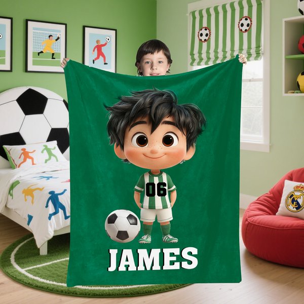 Manta personalizada con nombre y número de futbolista de dibujos animados para niños Regalo de cumpleaños para niños y niñas amantes del fútbol