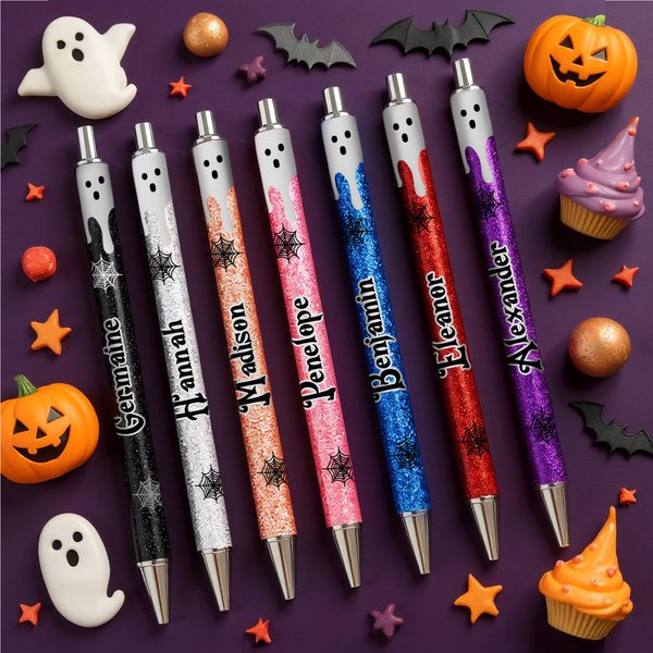 Spersonalizowane chowane pióro kulkowe Spider Web Ghost Glitter z imieniem Halloween Wakacyjny prezent dla dzieci