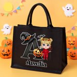 Personalized Cute Bat Cartoon Character Pumpkin Large Capacity Tote Bag with Name and Initial Halloween Party Gift for Kids