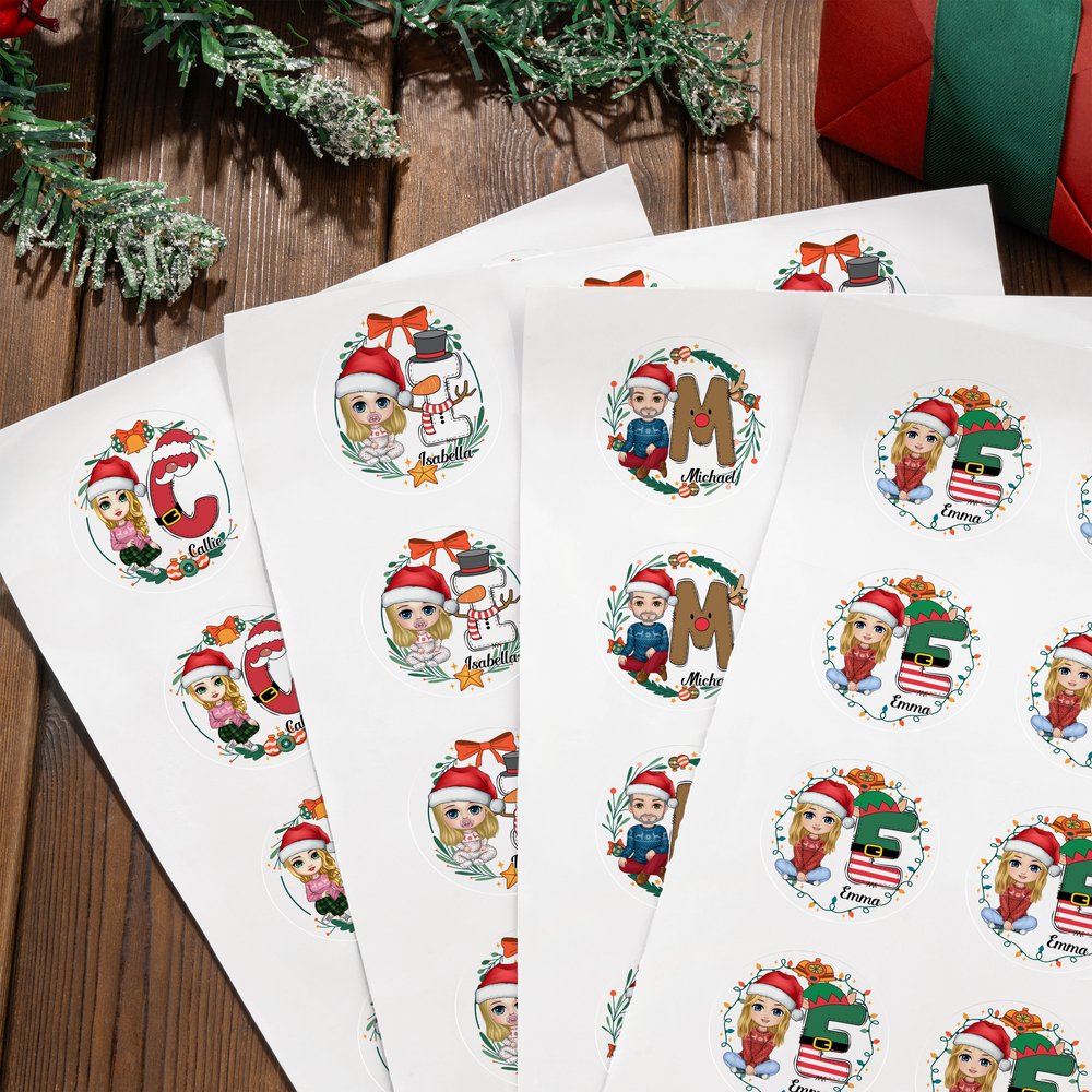 Gepersonaliseerde Cartoon Karakter Kerst Brief Set van 2 Waterdichte Stickers met initiaal en naam Kerst Festival Party Favors voor familie vrienden 3