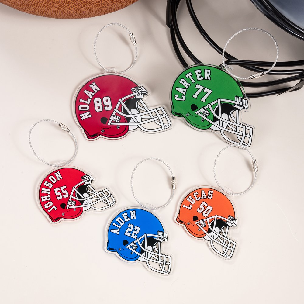 Personalized Multicolor Football Helmet Acrylic Keychain Backpack Tag with Name and Number Game Day Team Birthday Gift for Football Players Lovers 3