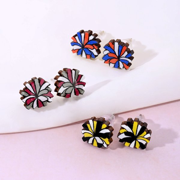 Personalised Wooden 3 Colours Pom Pom Sterling Silver Stud Earrings Back to School Game Day Team Gift for Cheerleaders