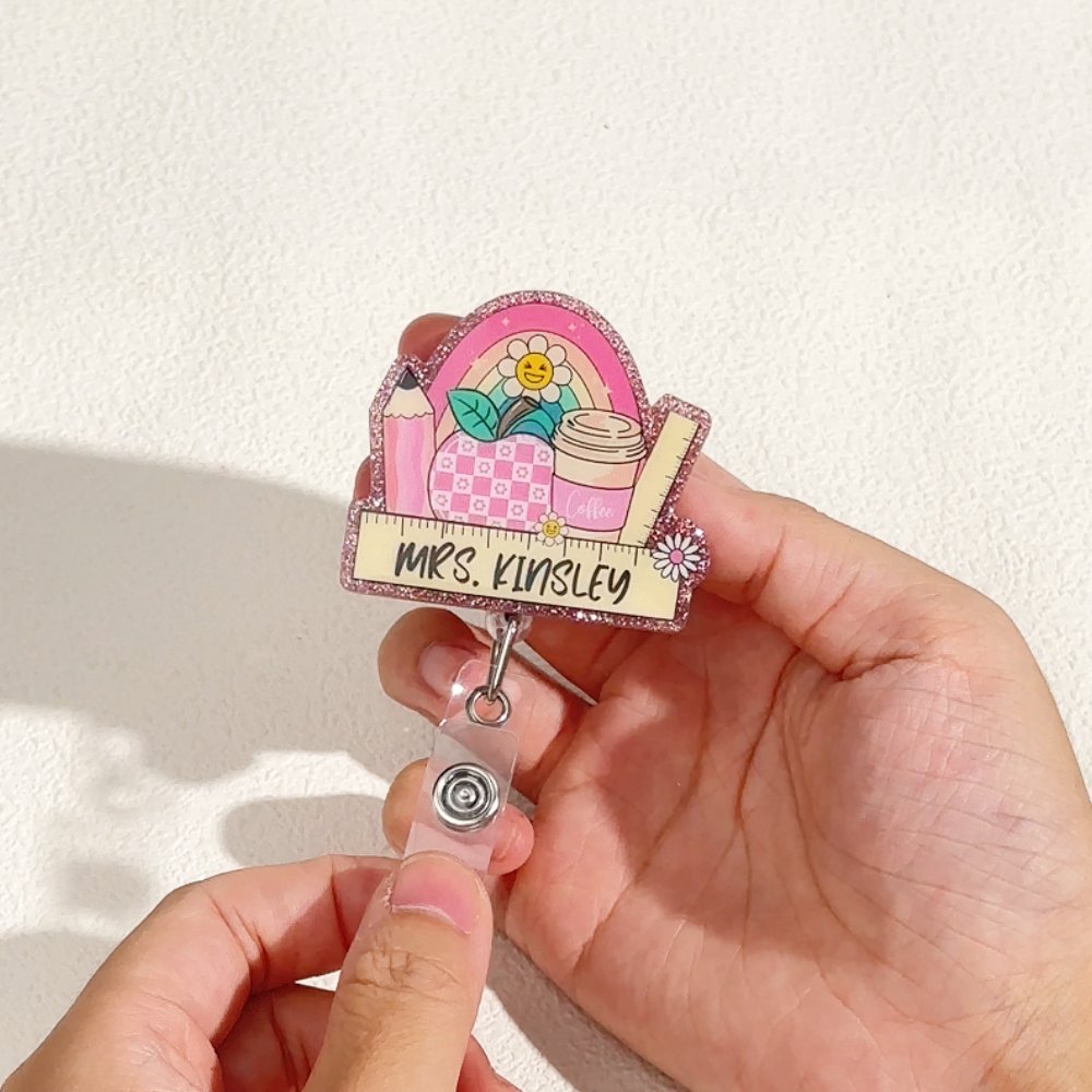 Personlig Glitter Teacher Retractable Badge Reel med titel Efternamn och Clip Tillbaka till skolan Lärarens dag Uppskattning Present för lärare Utbildare 6