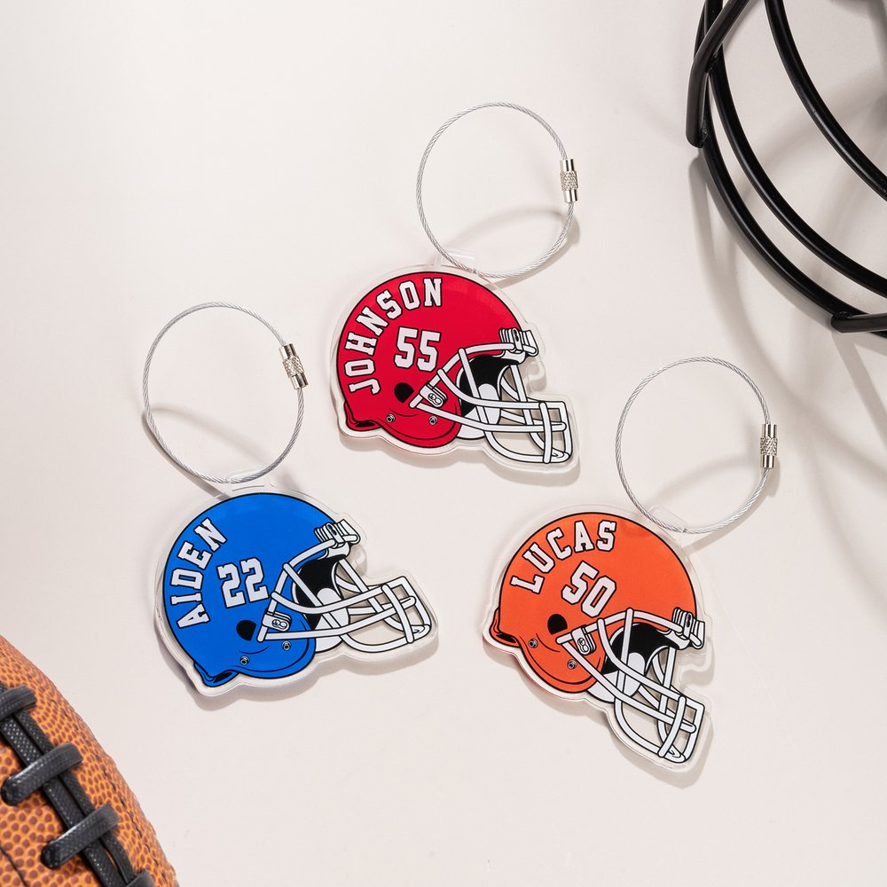 Personalized Multicolor Football Helmet Acrylic Keychain Backpack Tag with Name and Number Game Day Team Birthday Gift for Football Players Lovers 1