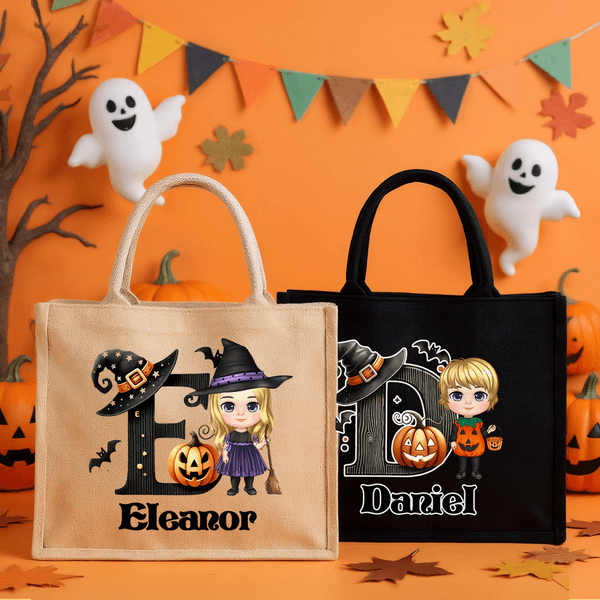 Personalized Cute Bat Cartoon Character Pumpkin Large Capacity Tote Bag with Name and Initial Halloween Party Gift for Kids