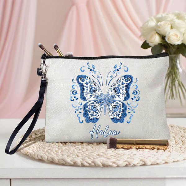 Borsa per il trucco personalizzata in lino blu a forma di farfalla con nome e cinturino da polso Regalo essenziale di matrimonio e compleanno per damigelle d'onore femminili