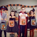 Personalised Cute Cartoon Character Pumpkin Trick or Treat Checkered Bag Sweets Bucket with Name and Initial Halloween Party Gift for Kids