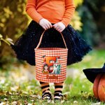 Personalised Cute Cartoon Character Pumpkin Trick or Treat Checkered Bag Sweets Bucket with Name and Initial Halloween Party Gift for Kids