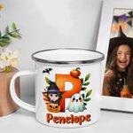 Personalised Cartoon Witch Character Pumpkin 12 oz Enamel Cup with Name and Initial Halloween Party Gift for Kids