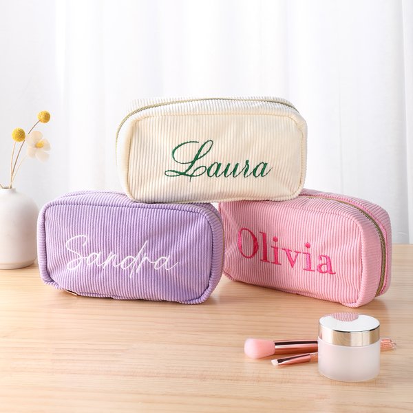 Personalisierte Multicolor Cord Makeup Toilettentasche mit gesticktem Namen täglichen Gebrauch Geburtstag Hochzeit Geschenk für Frauen