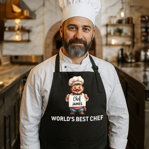 Henkilökohtainen Cartoon Chef Character Säädettävä esiliina nimi ja tasku Keittiö Housewarming Ravintola avaaminen lahja miehille kokit